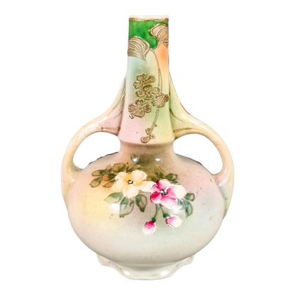 Japanese two-handle baluster bottle vase hand-painted with flowers, gilded and signed