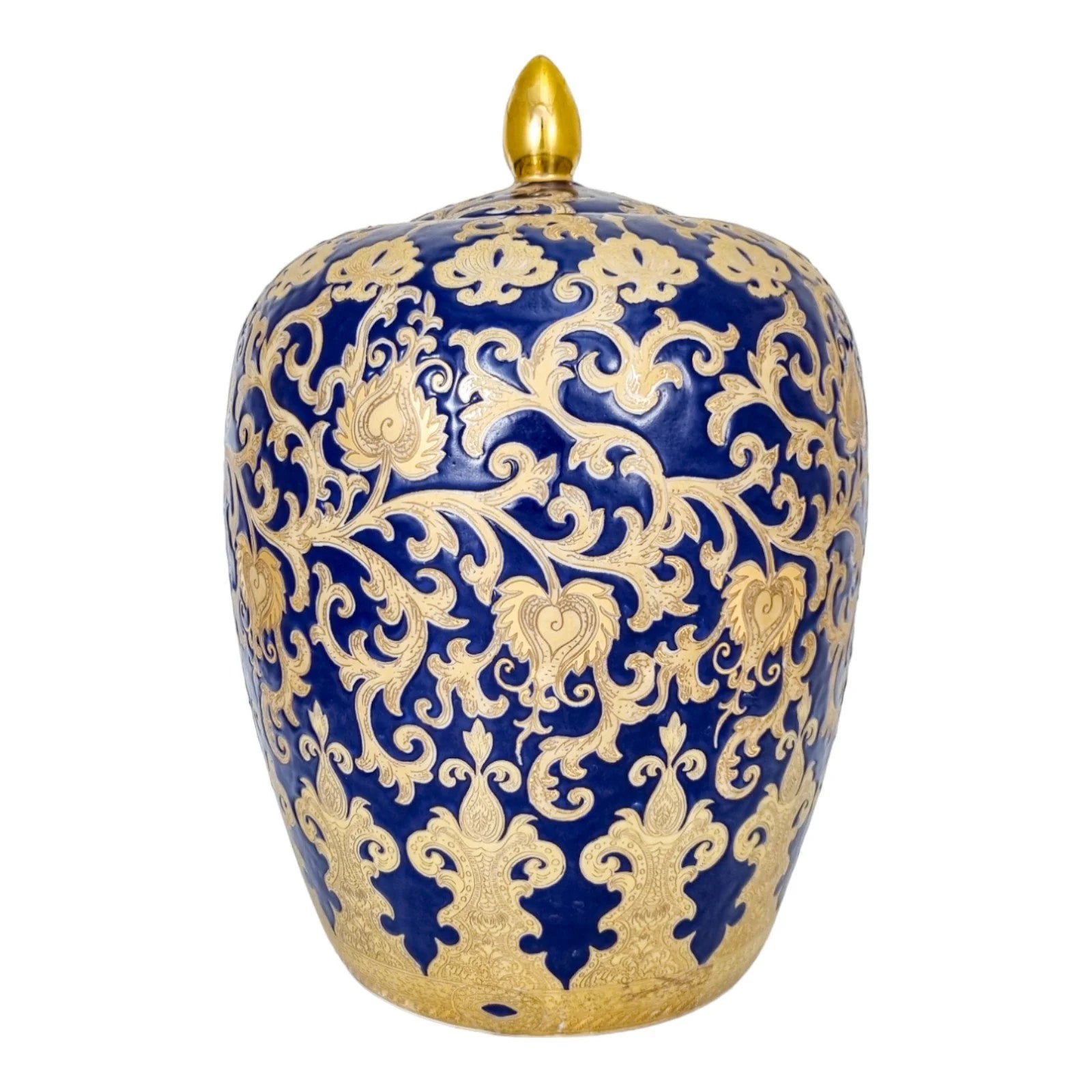 Chinese export porcelain lidded floor vase, cobalt blue and 24kt gold