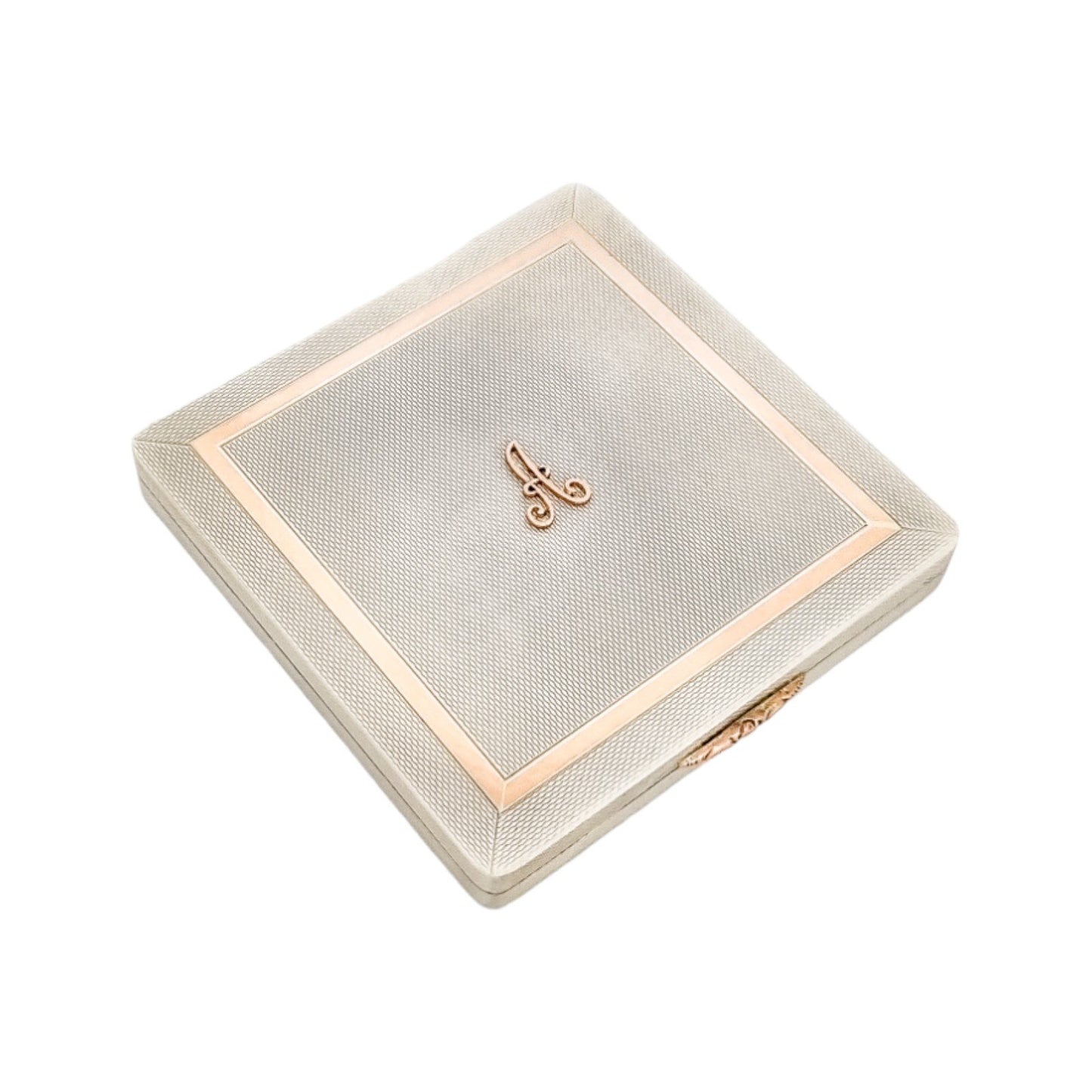 Silver matching cigarette case and powder compact with 9ct rose gold bands and letter "A"