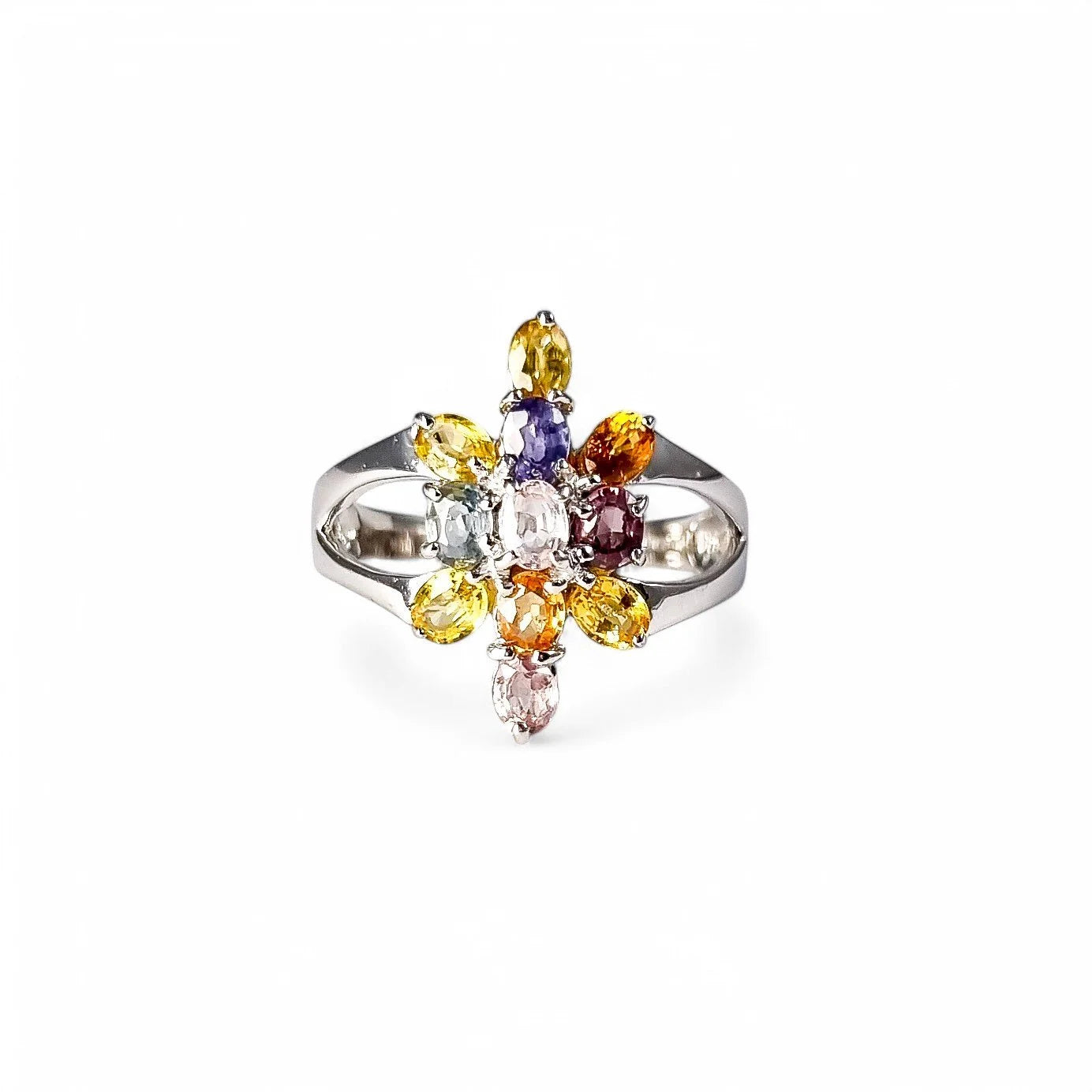 2ct multicolour sapphire 9ct white gold cluster ring, six-colour floral design, N 1/2