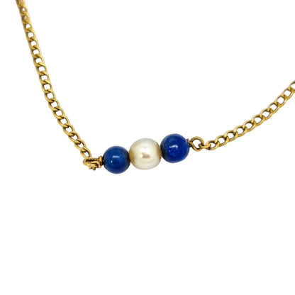 Vintage 14 ct yellow gold chain necklace with pearls and lapis lazuli beads