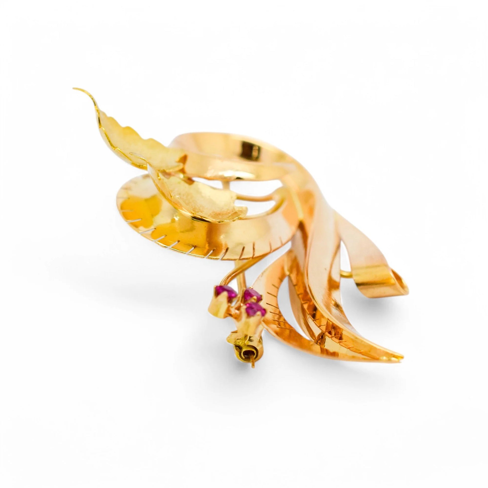 Vintage 1960's boxed Italian Varese 18ct gold floral spray brooch set with pink sapphires