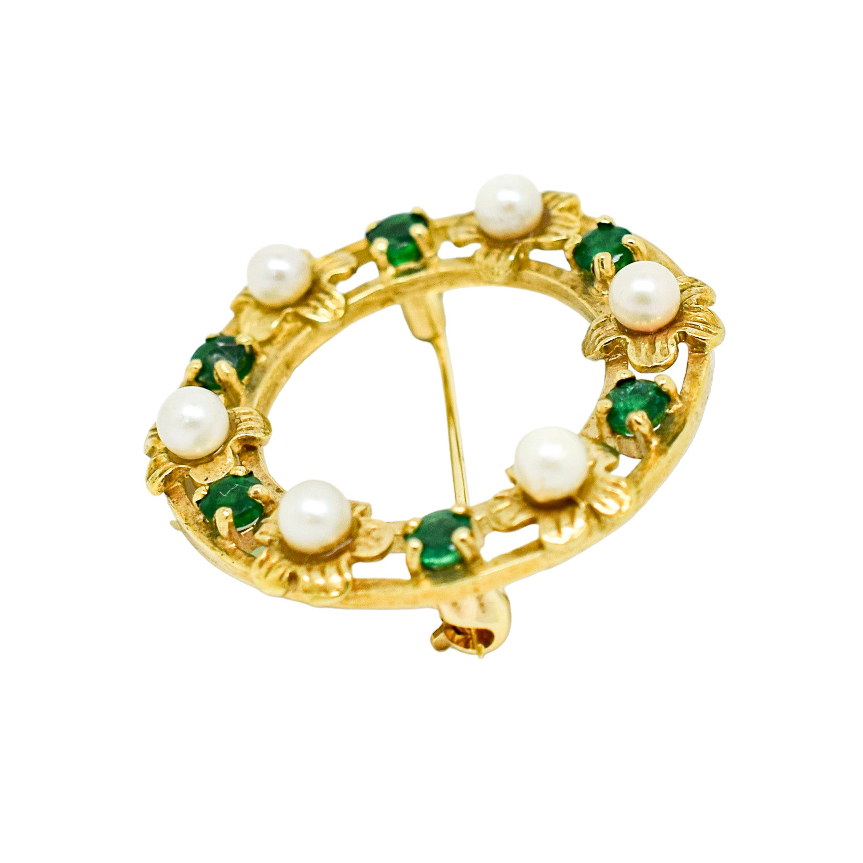 Vintage 9ct gold round openwork brooch / lace pin set with pearl flowers and emeralds