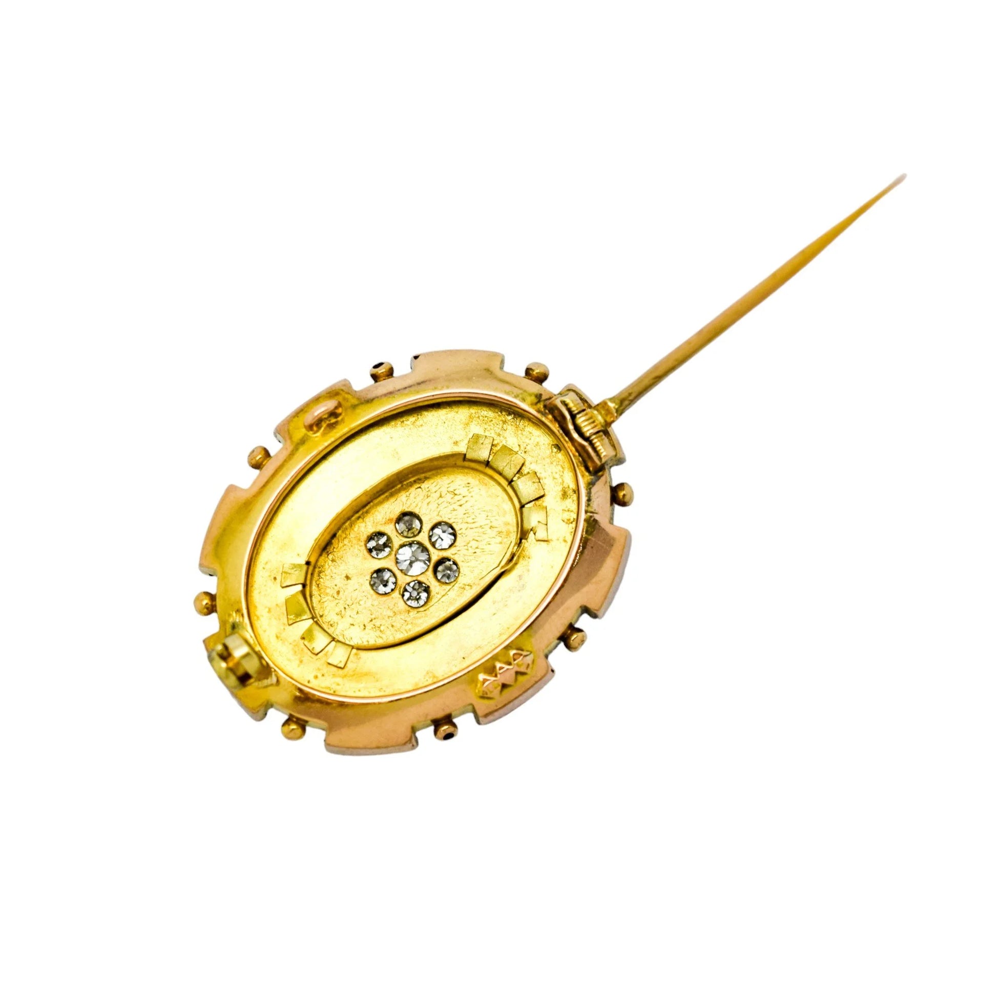 Victorian Etruscan Revival 15ct gold locket brooch, 0.6ct Old-cut diamonds, 13.22g
