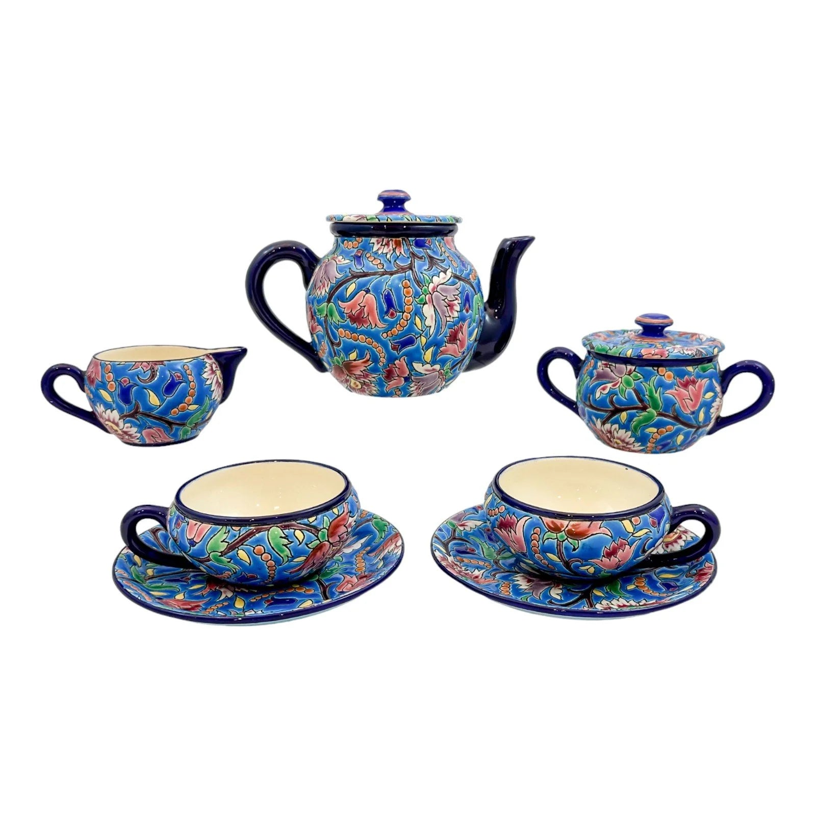 1930's Art Deco Longwy French cloisonné faience enamel pottery tea set, Japanese design