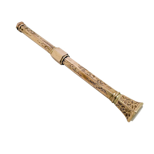 Victorian 9ct rose gold agate seal top hexagonal propelling pencil, engraved with flowers