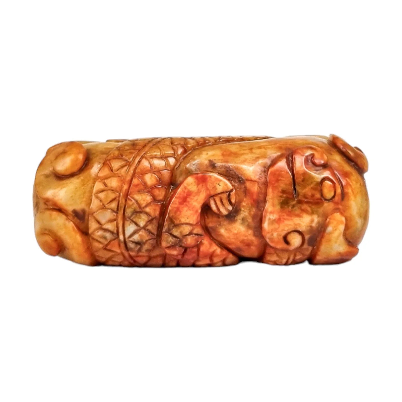 Qing dynasty beige russet jade amulet carving of coiling dragon