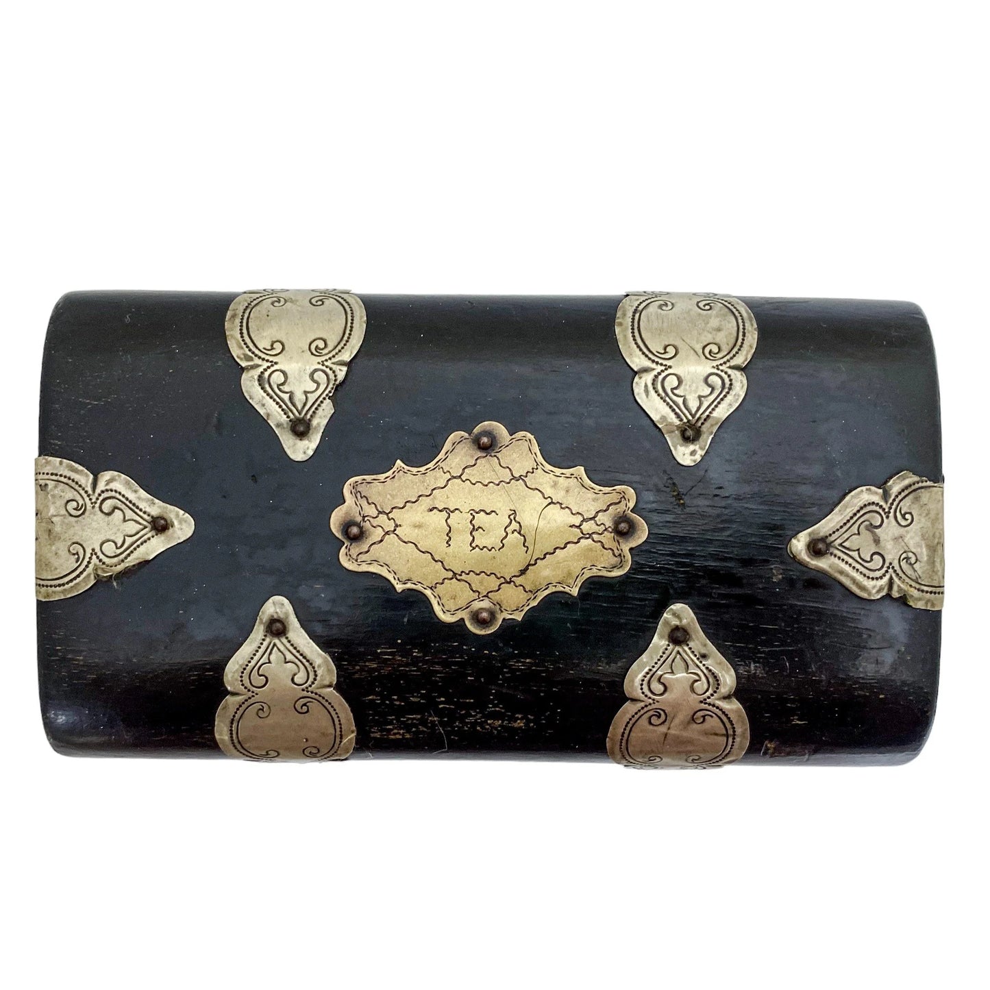 Mid-Victorian domed casket 2-section tea caddy withvglass tumblers and brass plaques