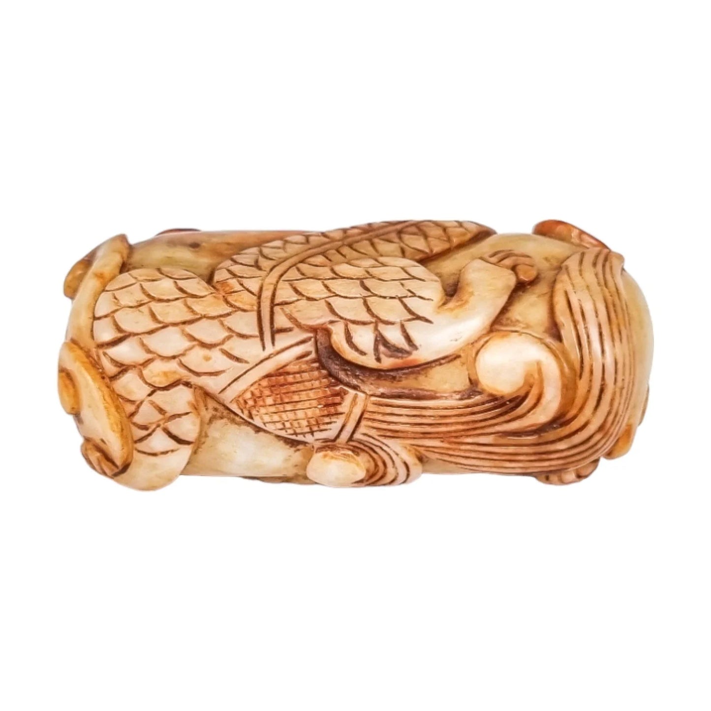 Qing dynasty beige russet jade amulet carving of coiling dragon