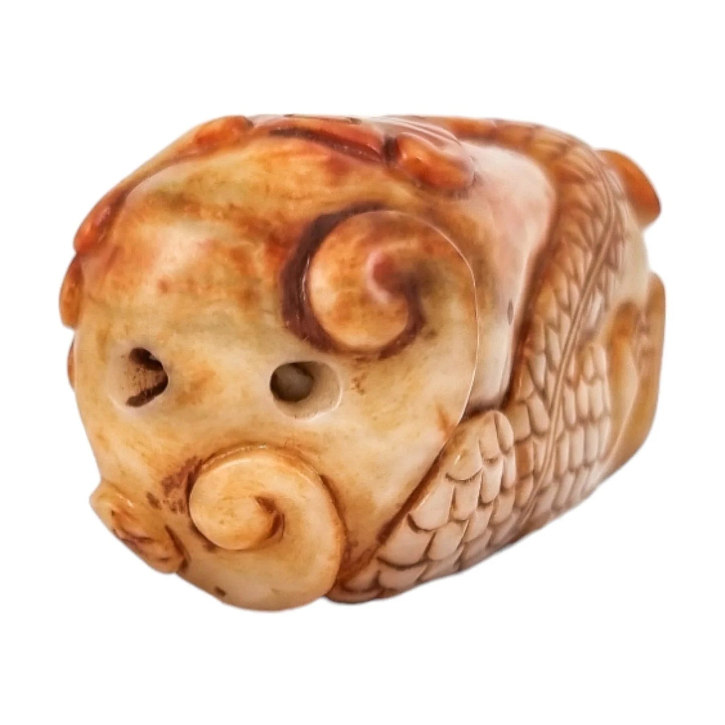 Qing dynasty beige russet jade amulet carving of coiling dragon