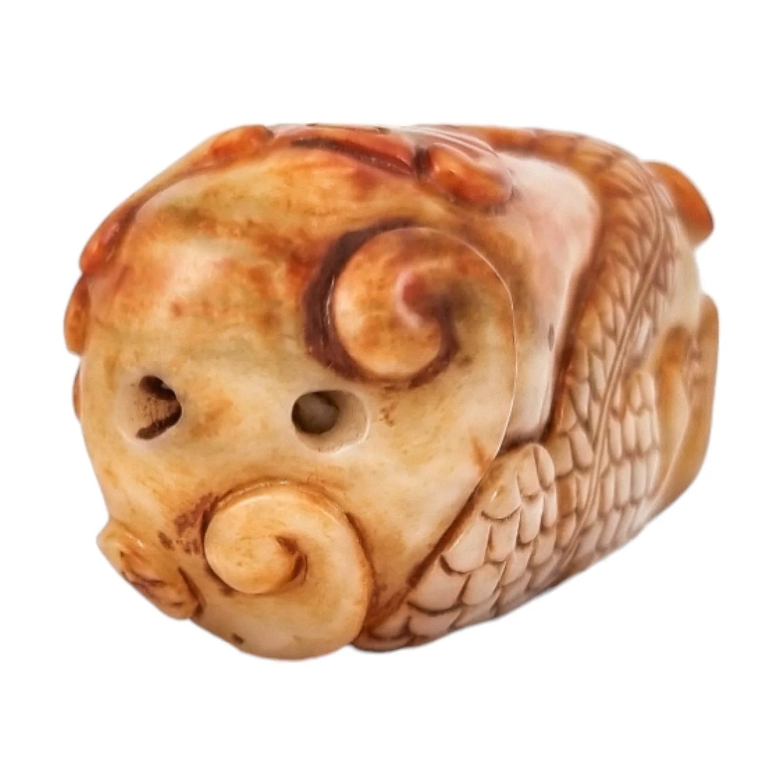 Qing dynasty beige russet jade amulet carving of coiling dragon