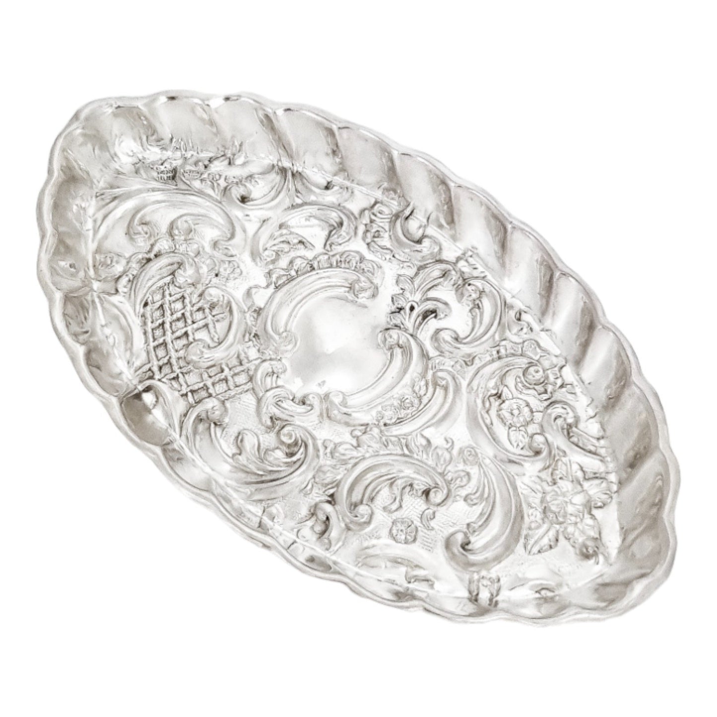 Victorian sterling silver dressing table pin dish tray embossed with scrolls and flowers