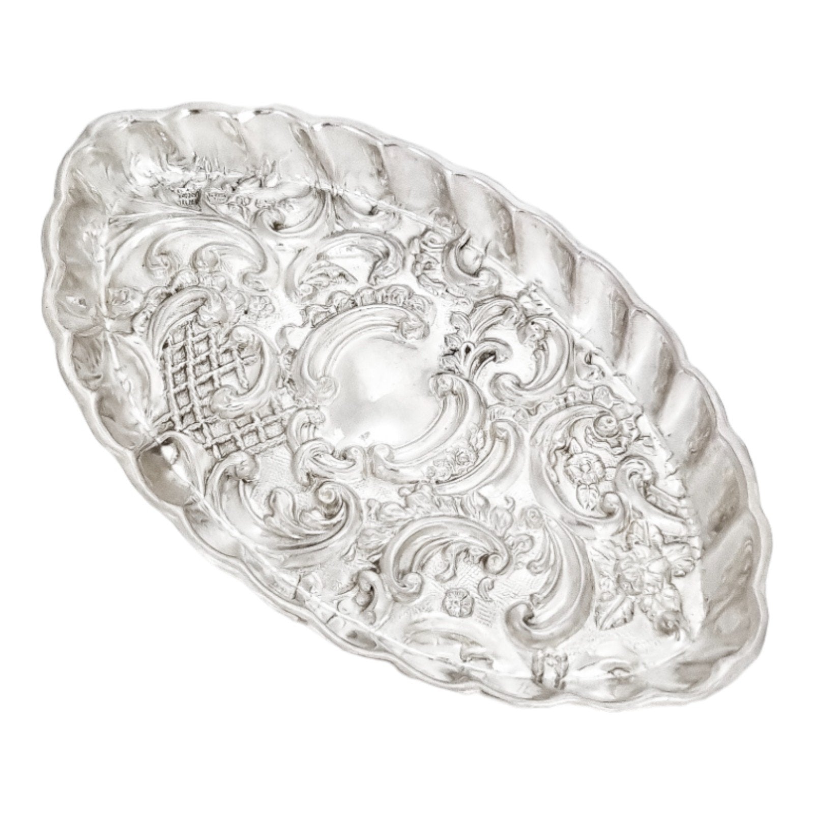 Victorian sterling silver dressing table pin dish tray embossed with scrolls and flowers