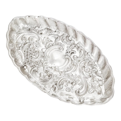 Victorian sterling silver dressing table pin dish tray embossed with scrolls and flowers