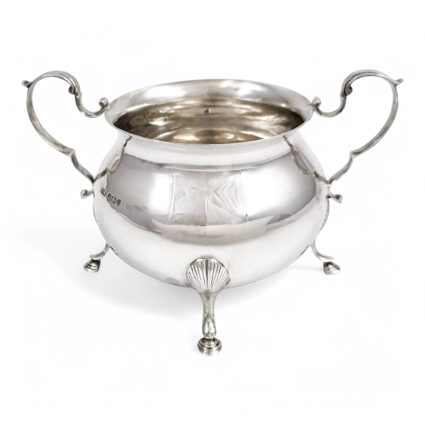 Large antique English sterling silver sugar bowl with hoof feet and scroll handles, Sheffield 1899
