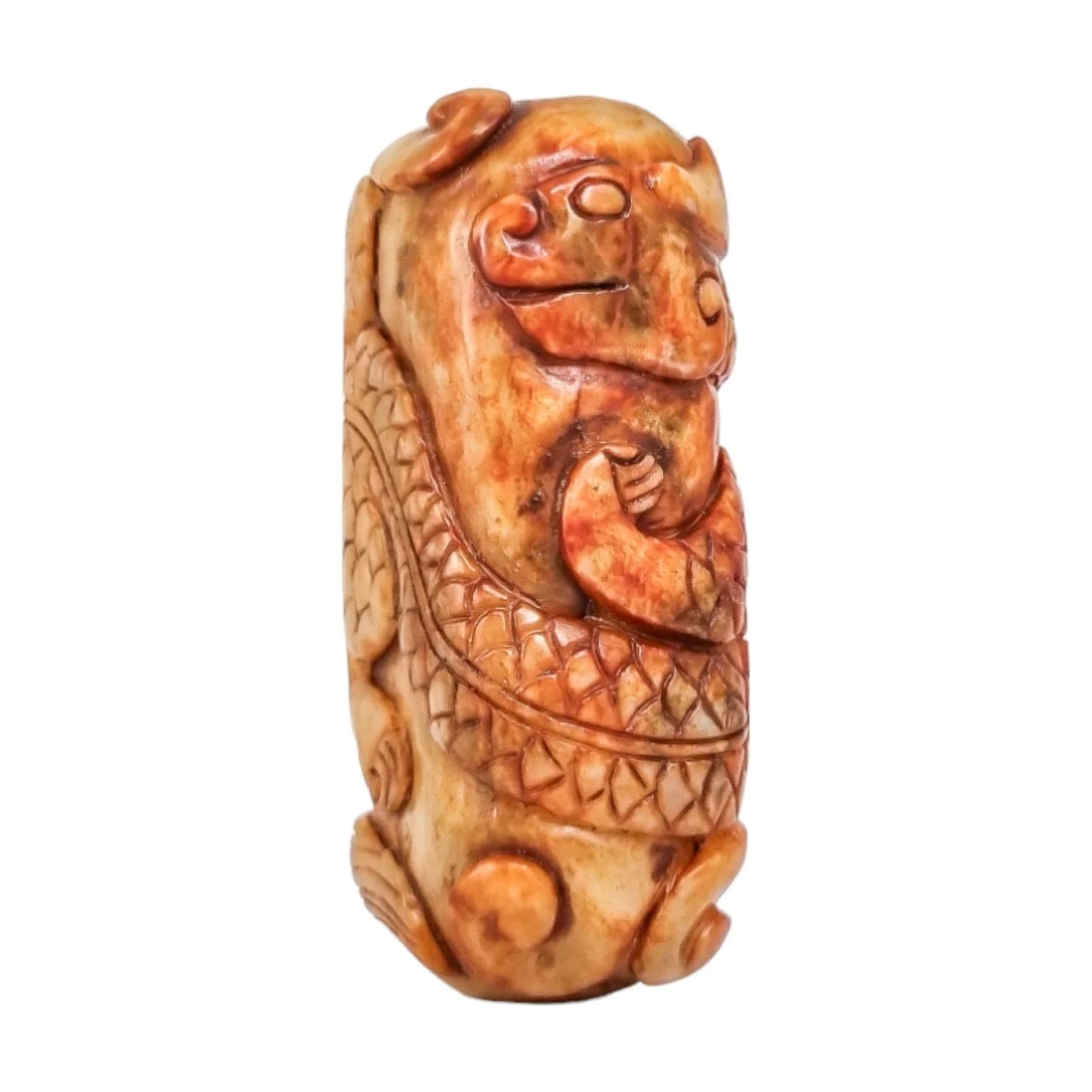 Qing dynasty beige russet jade amulet carving of coiling dragon