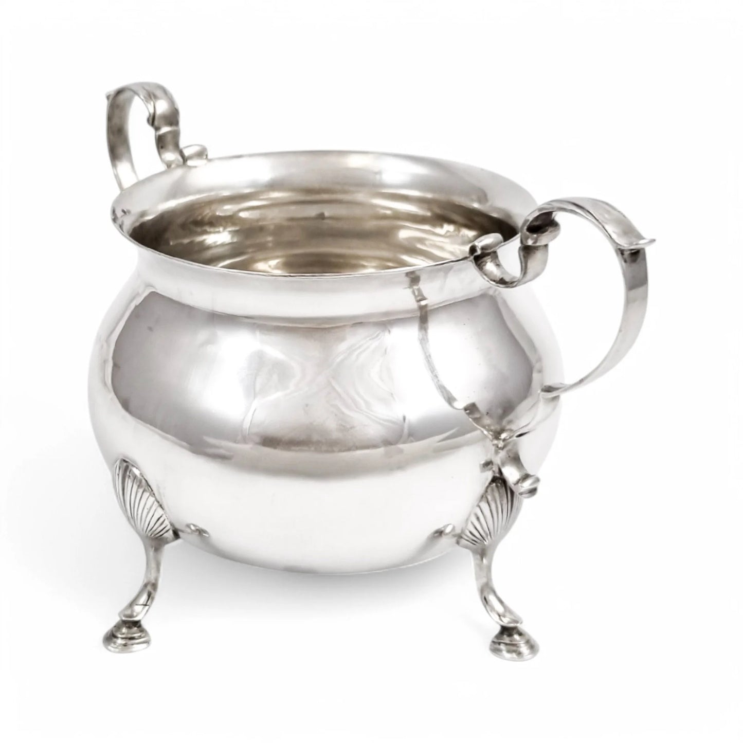 Large antique English sterling silver sugar bowl with hoof feet and scroll handles, Sheffield 1899