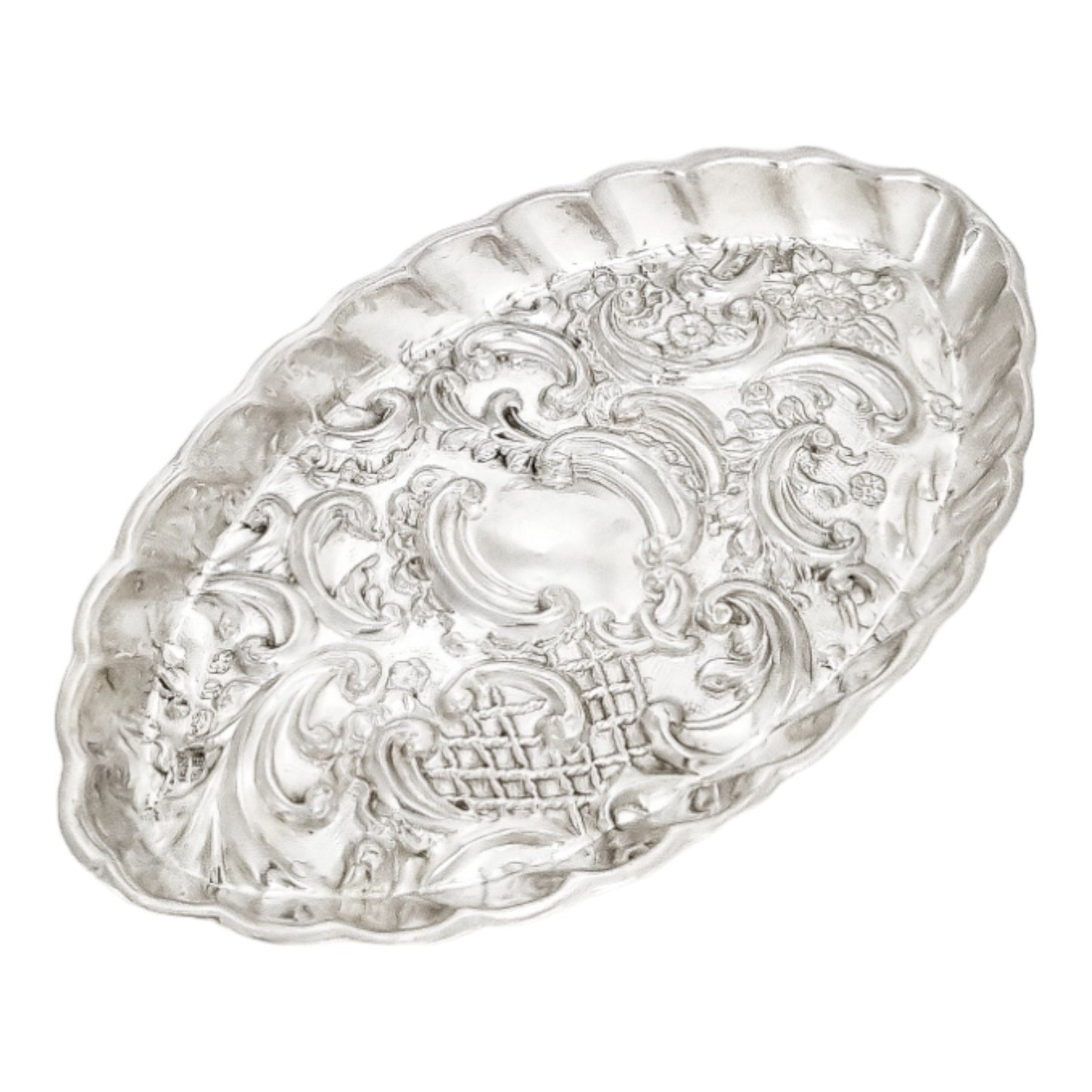 Victorian sterling silver dressing table pin dish tray embossed with scrolls and flowers