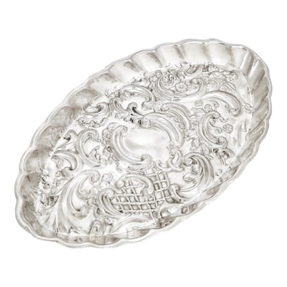 Victorian sterling silver dressing table pin dish tray embossed with scrolls and flowers