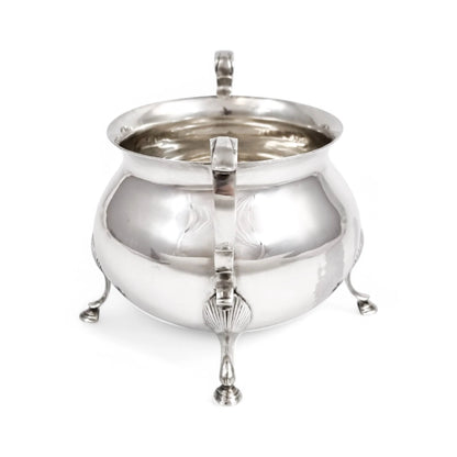 Large antique English sterling silver sugar bowl with hoof feet and scroll handles, Sheffield 1899