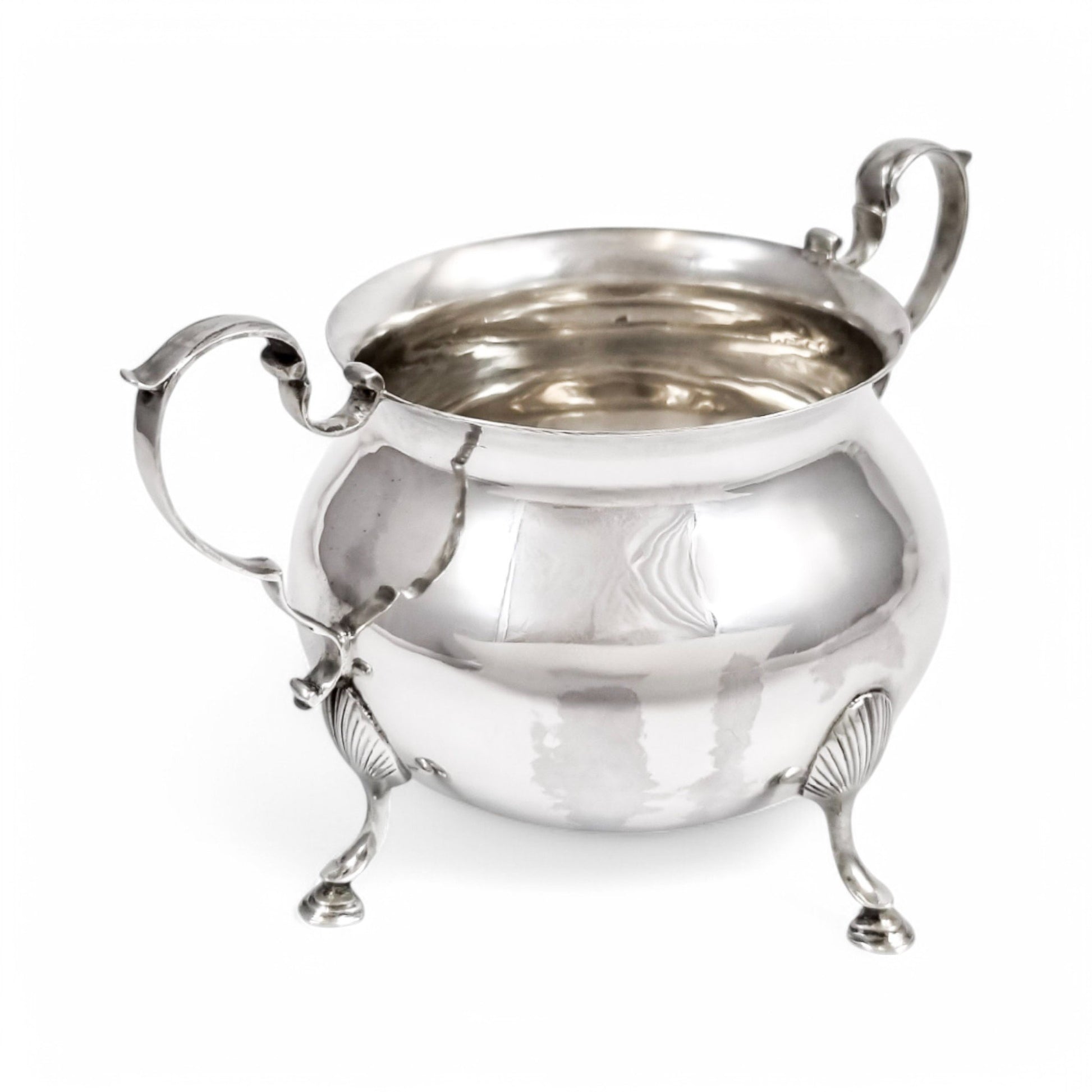 Large antique English sterling silver sugar bowl with hoof feet and scroll handles, Sheffield 1899