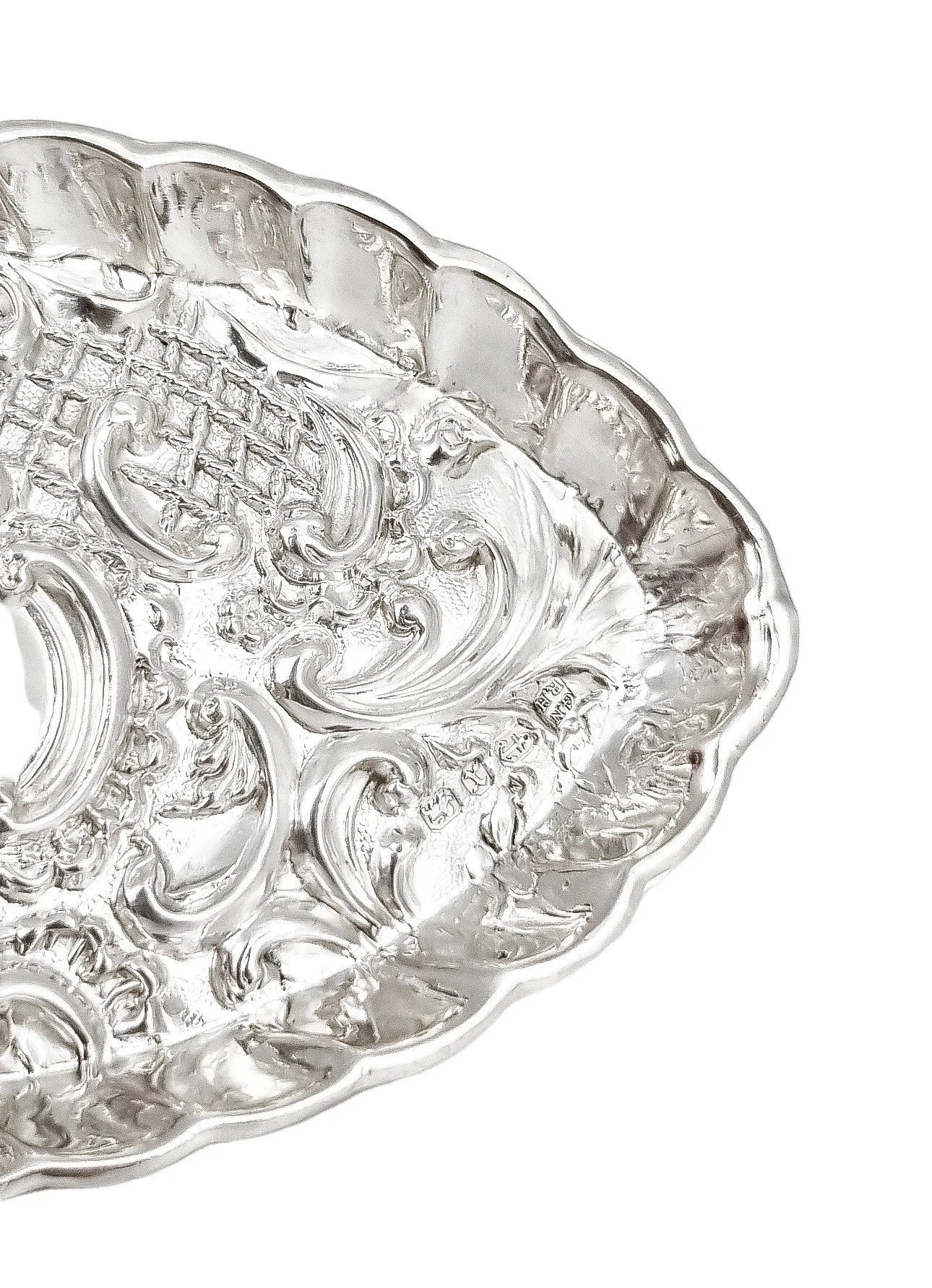Victorian sterling silver dressing table pin dish tray embossed with scrolls and flowers