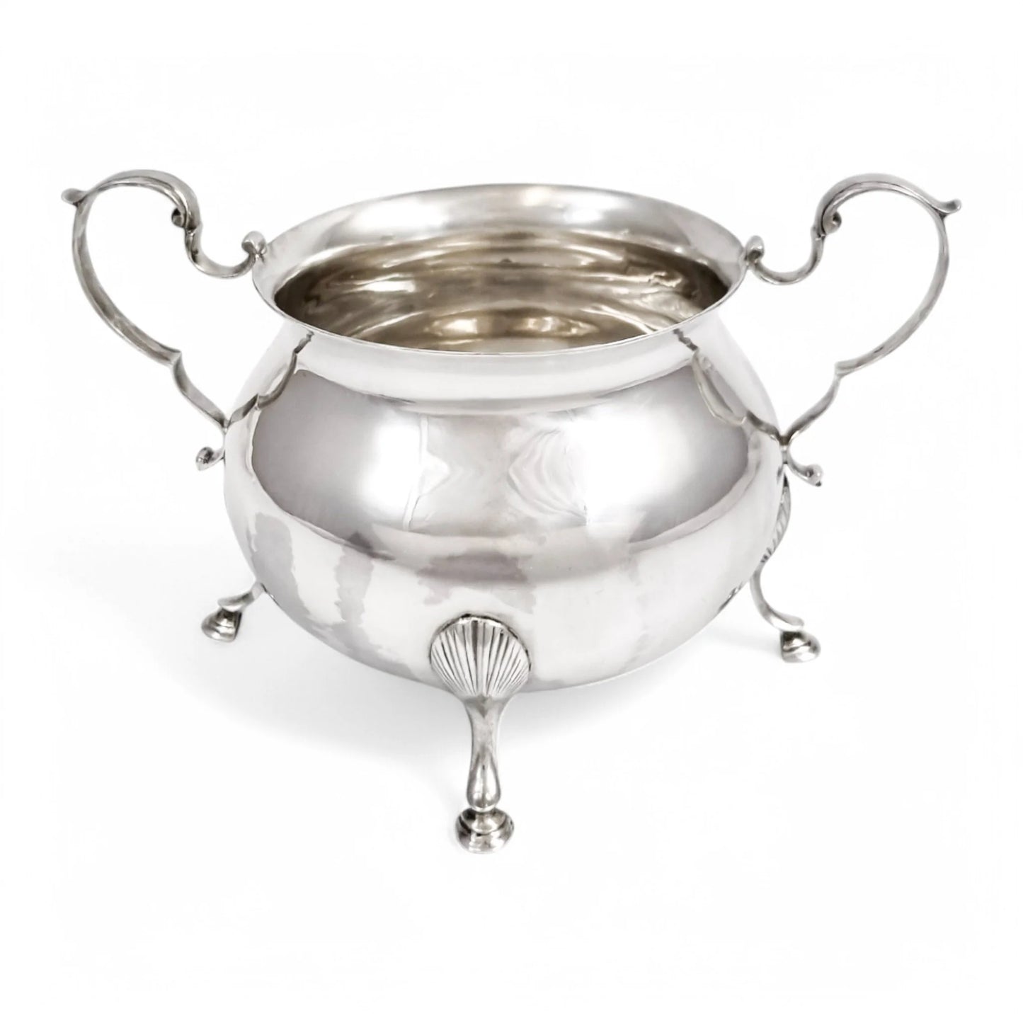 Large antique English sterling silver sugar bowl with hoof feet and scroll handles, Sheffield 1899