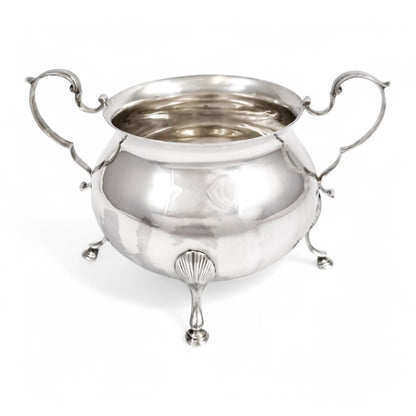 Large antique English sterling silver sugar bowl with hoof feet and scroll handles, Sheffield 1899