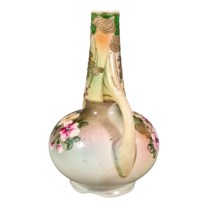 Japanese two-handle baluster bottle vase hand-painted with flowers, gilded and signed