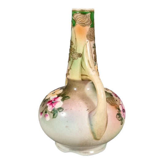 Japanese two-handle baluster bottle vase hand-painted with flowers, gilded and signed