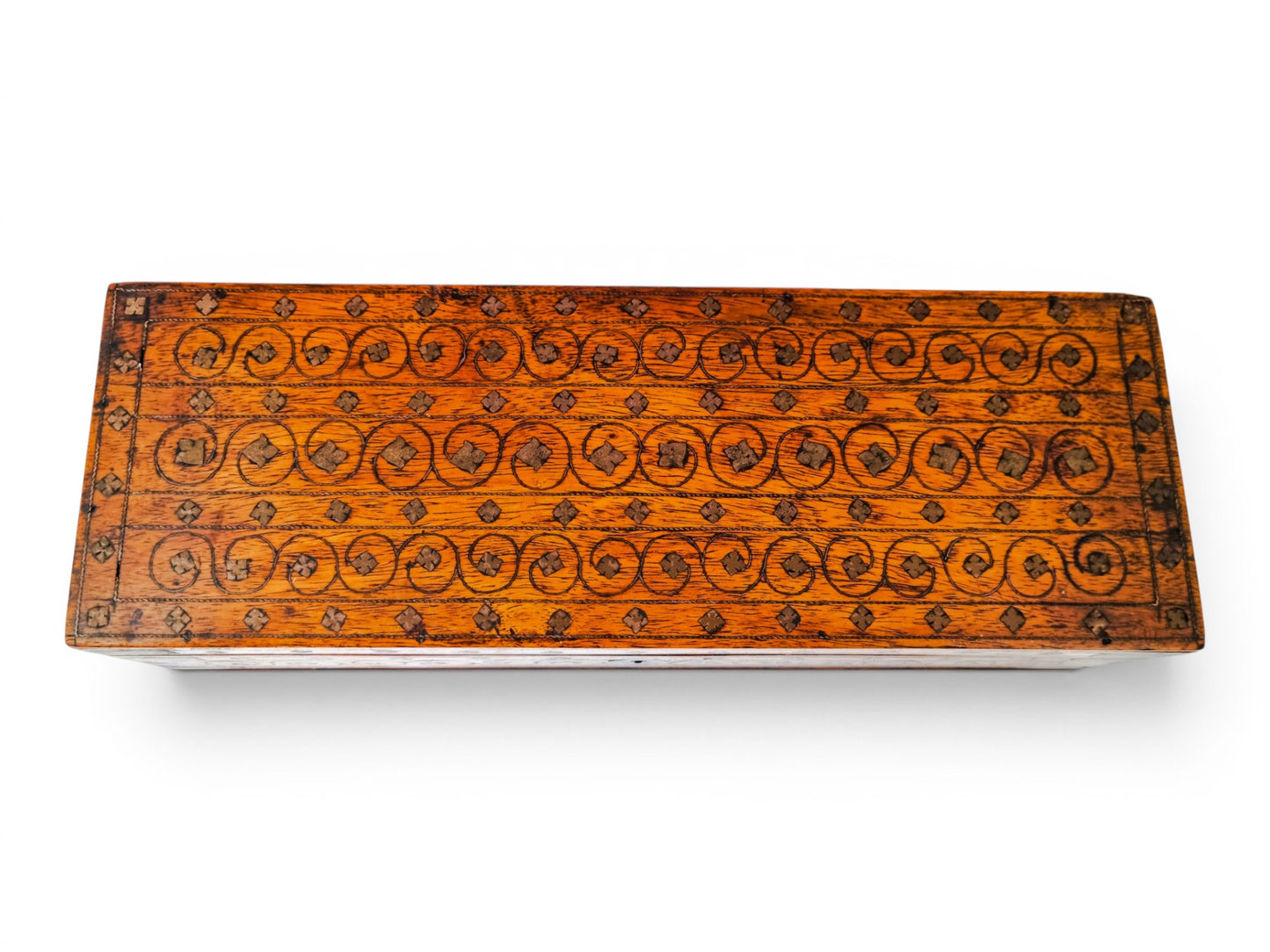 Victorian walnut piqué glove box with lock and key