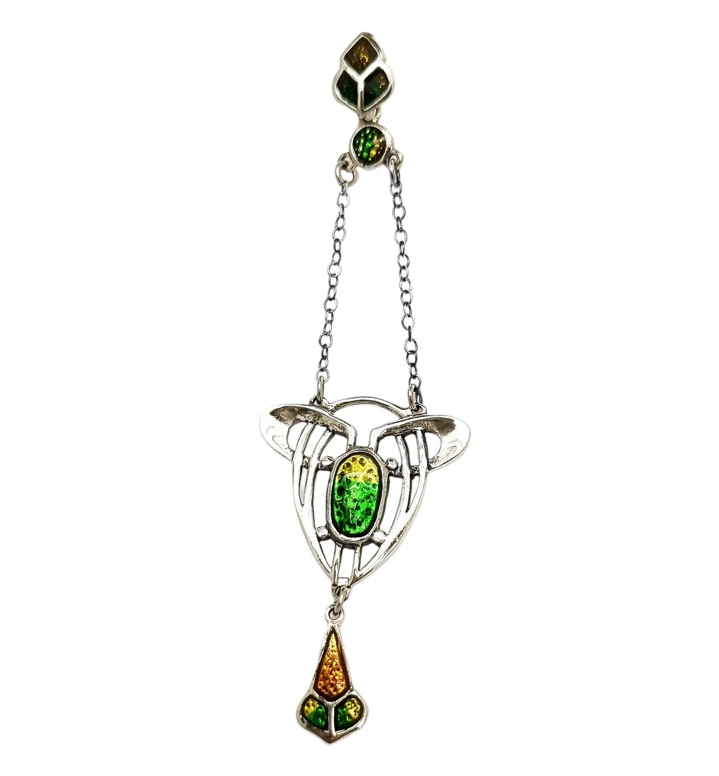 Art Nouveau sterling silver green and yellow enamel lavaliere openwork pendant