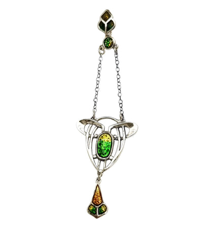 Art Nouveau sterling silver green and yellow enamel lavaliere openwork pendant