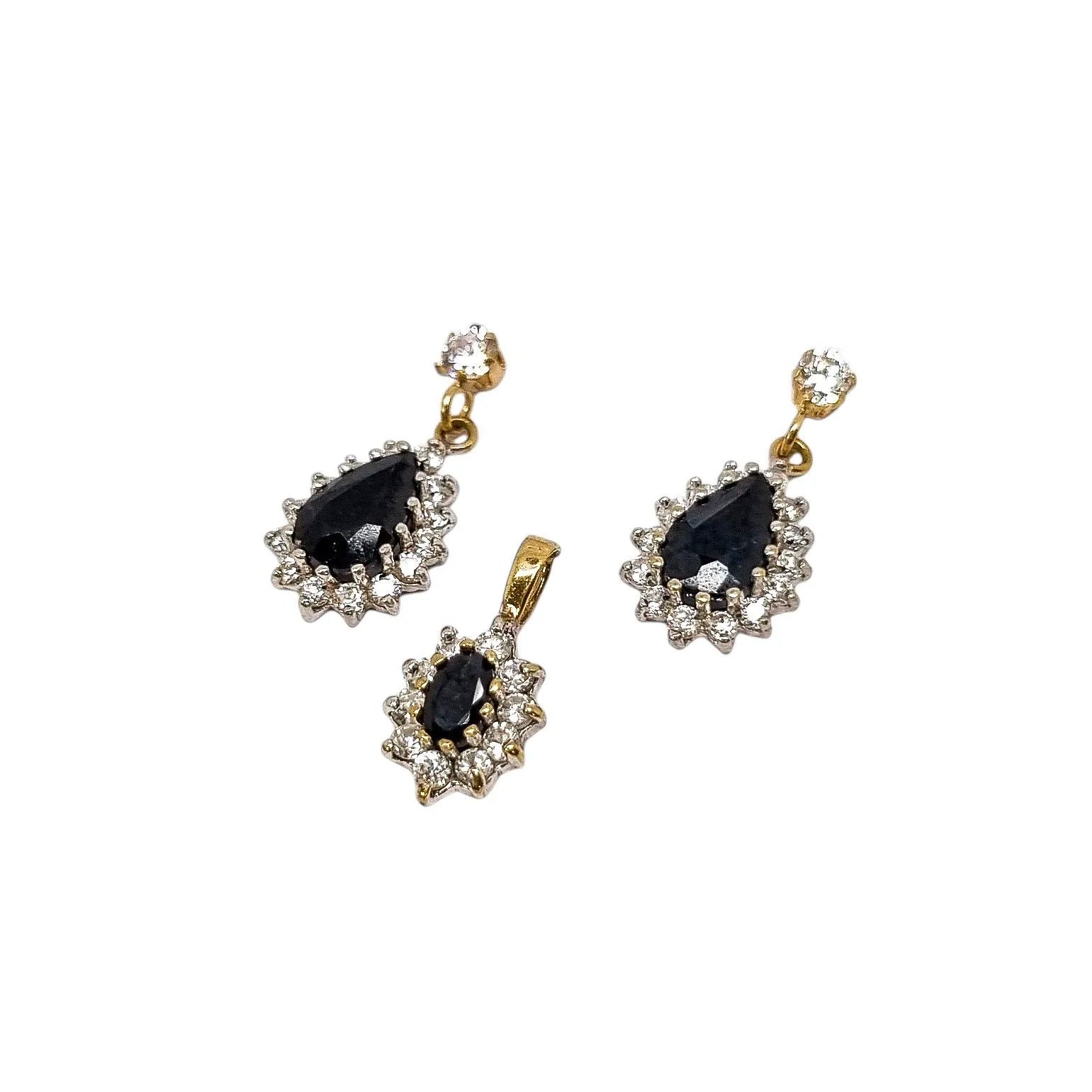 Elegant 9ct yellow gold teardrop sapphire dangle cluster halo earrings and pendant set