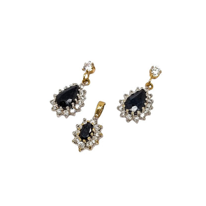 Elegant 9ct yellow gold teardrop sapphire dangle cluster halo earrings and pendant set