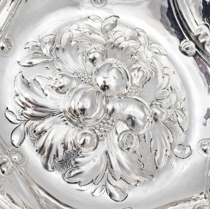 Georgian sterling silver lobed embossed fruit bowl with flying dog handles