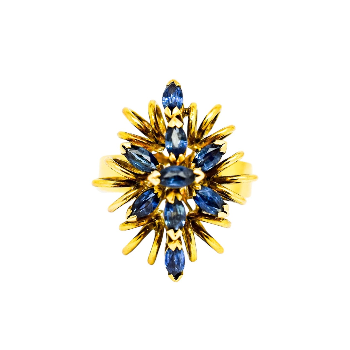 Vintage 14ct yellow gold sapphire navette floral cluster statement ring, 6.86g, M ½