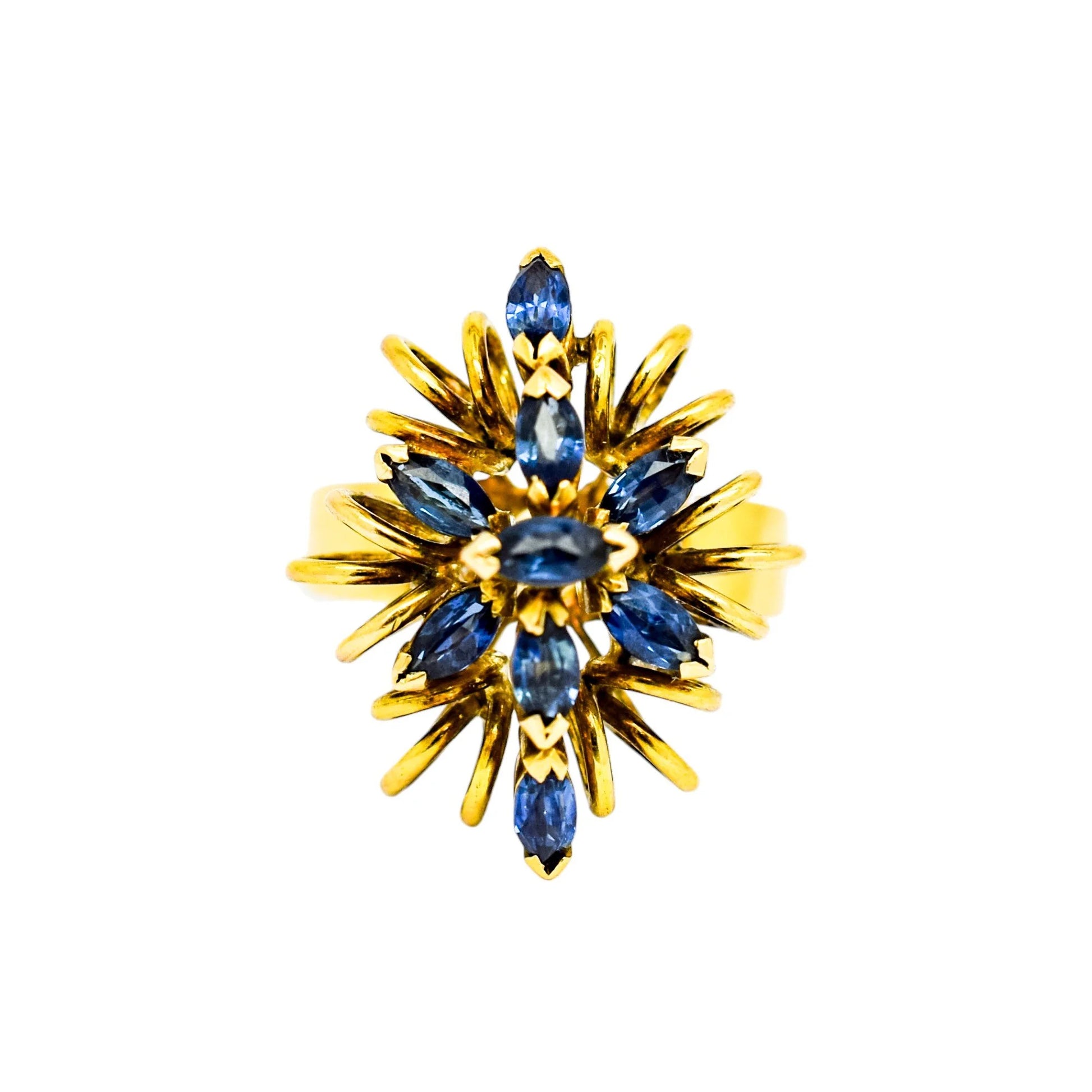Vintage 14ct yellow gold sapphire navette floral cluster statement ring, 6.86g, M ½