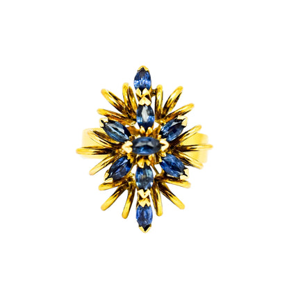 Vintage 14ct yellow gold sapphire navette floral cluster statement ring, 6.86g, M ½