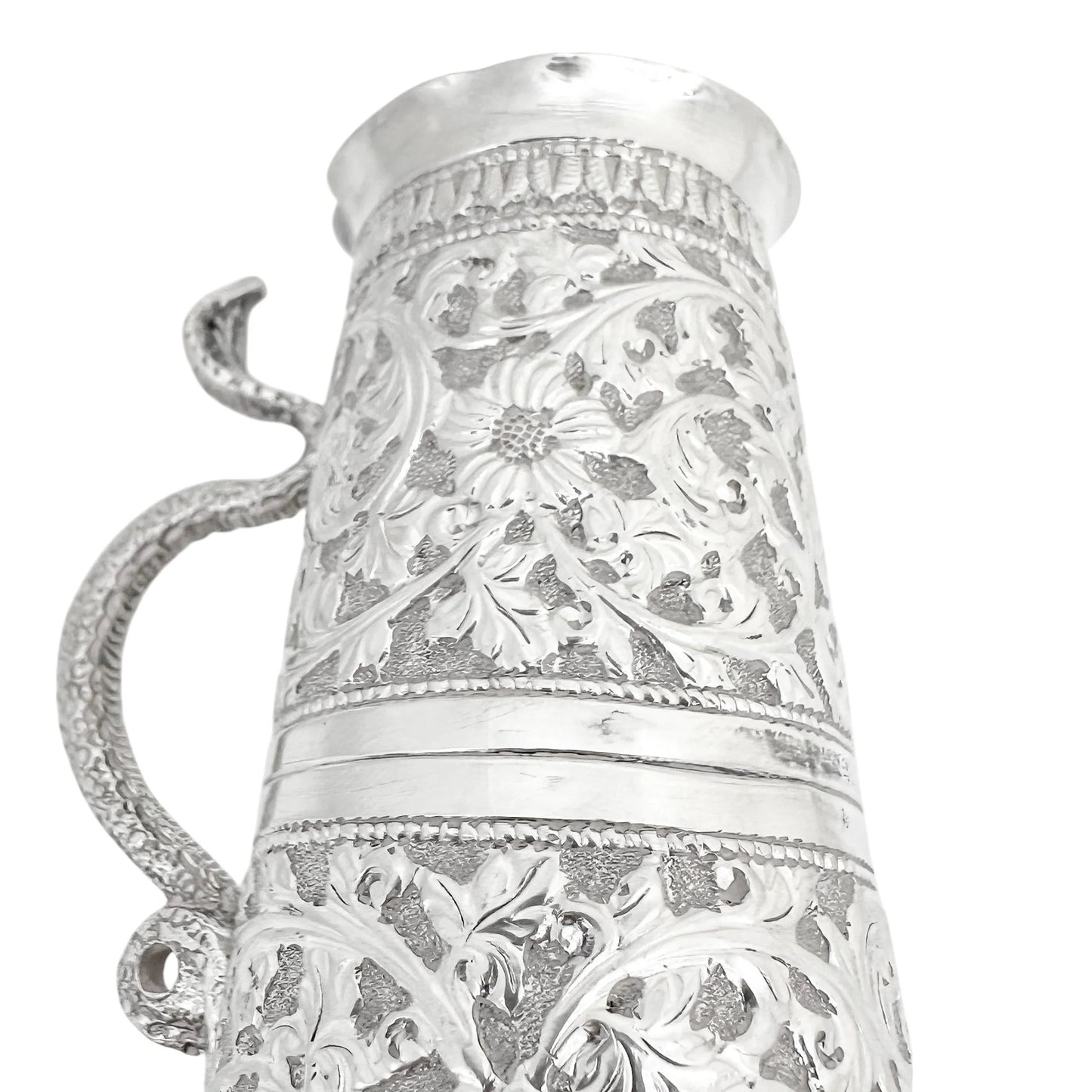 Indian Kutch silver double spirit measure cup with snake handle and flower embossing