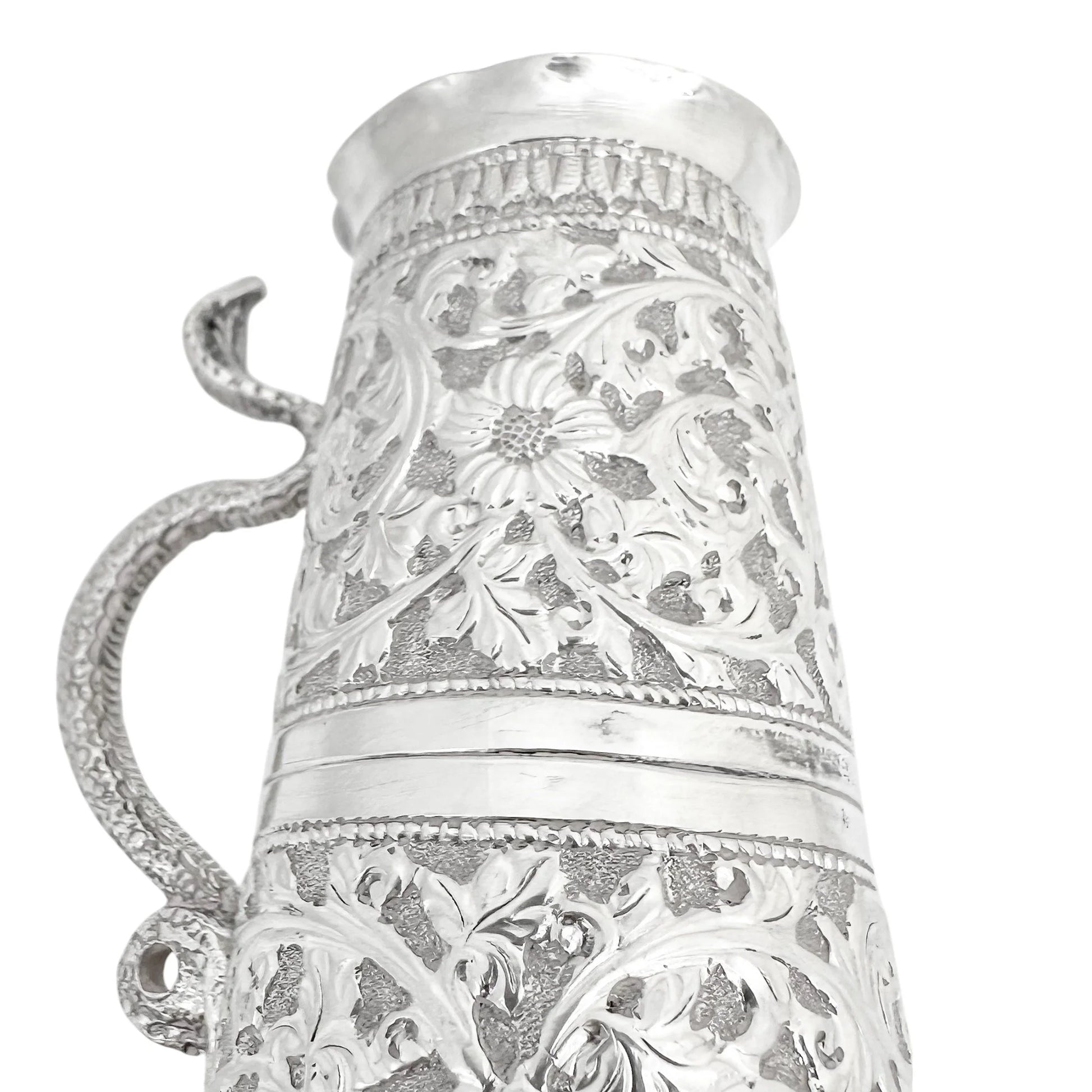 Indian Kutch silver double spirit measure cup with snake handle and flower embossing