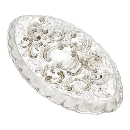 Victorian sterling silver dressing table pin dish tray embossed with scrolls and flowers