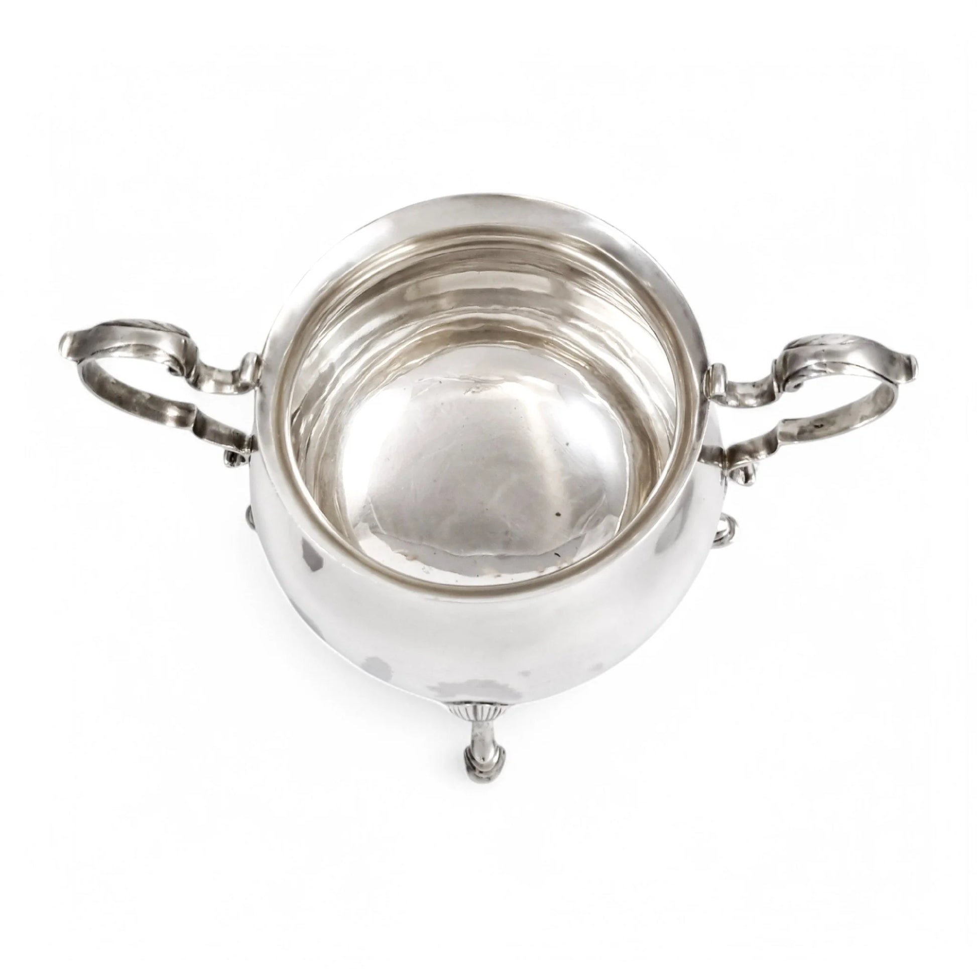 Large antique English sterling silver sugar bowl with hoof feet and scroll handles, Sheffield 1899