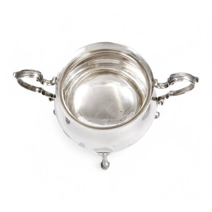 Large antique English sterling silver sugar bowl with hoof feet and scroll handles, Sheffield 1899