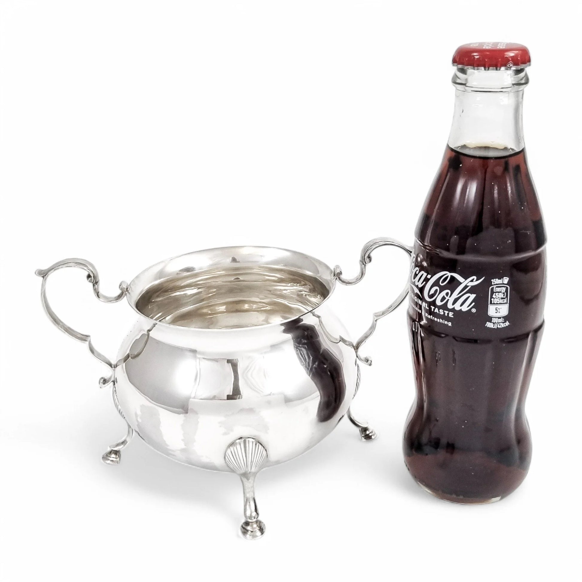 Large antique English sterling silver sugar bowl with hoof feet and scroll handles, Sheffield 1899