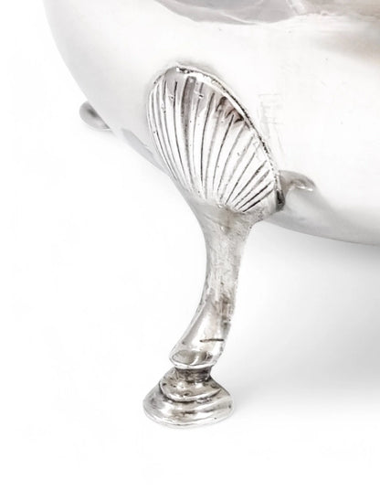 Large antique English sterling silver sugar bowl with hoof feet and scroll handles, Sheffield 1899