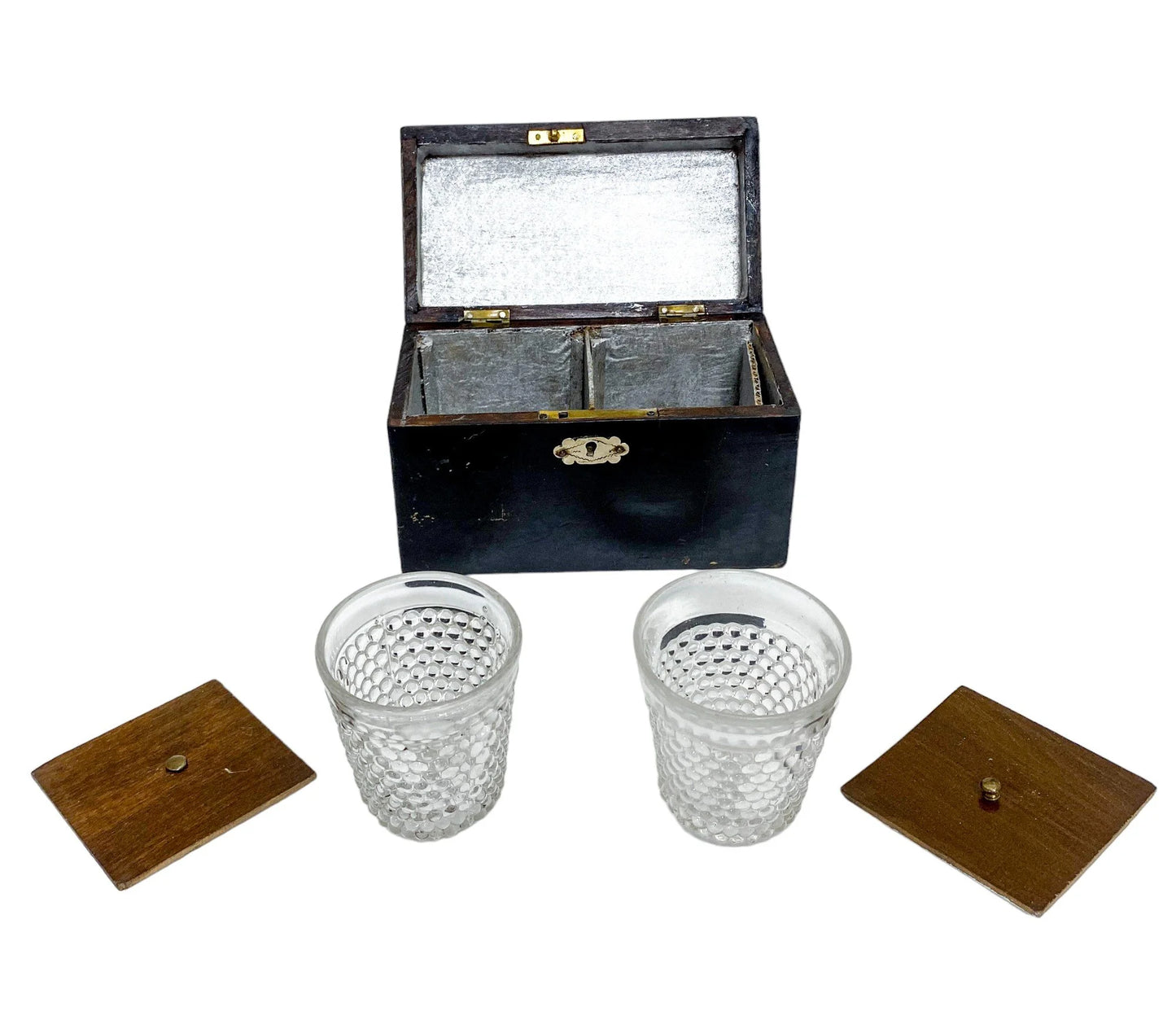Mid-Victorian domed casket 2-section tea caddy withvglass tumblers and brass plaques