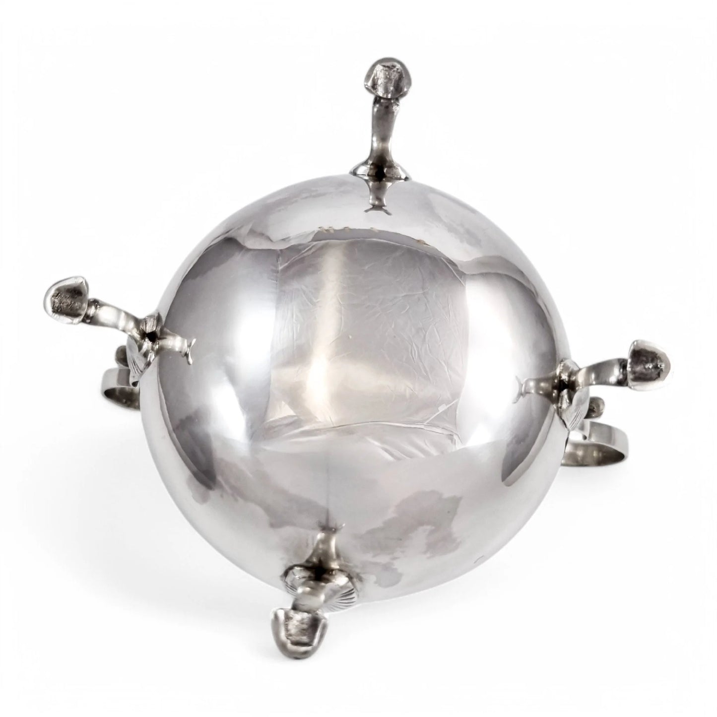 Large antique English sterling silver sugar bowl with hoof feet and scroll handles, Sheffield 1899