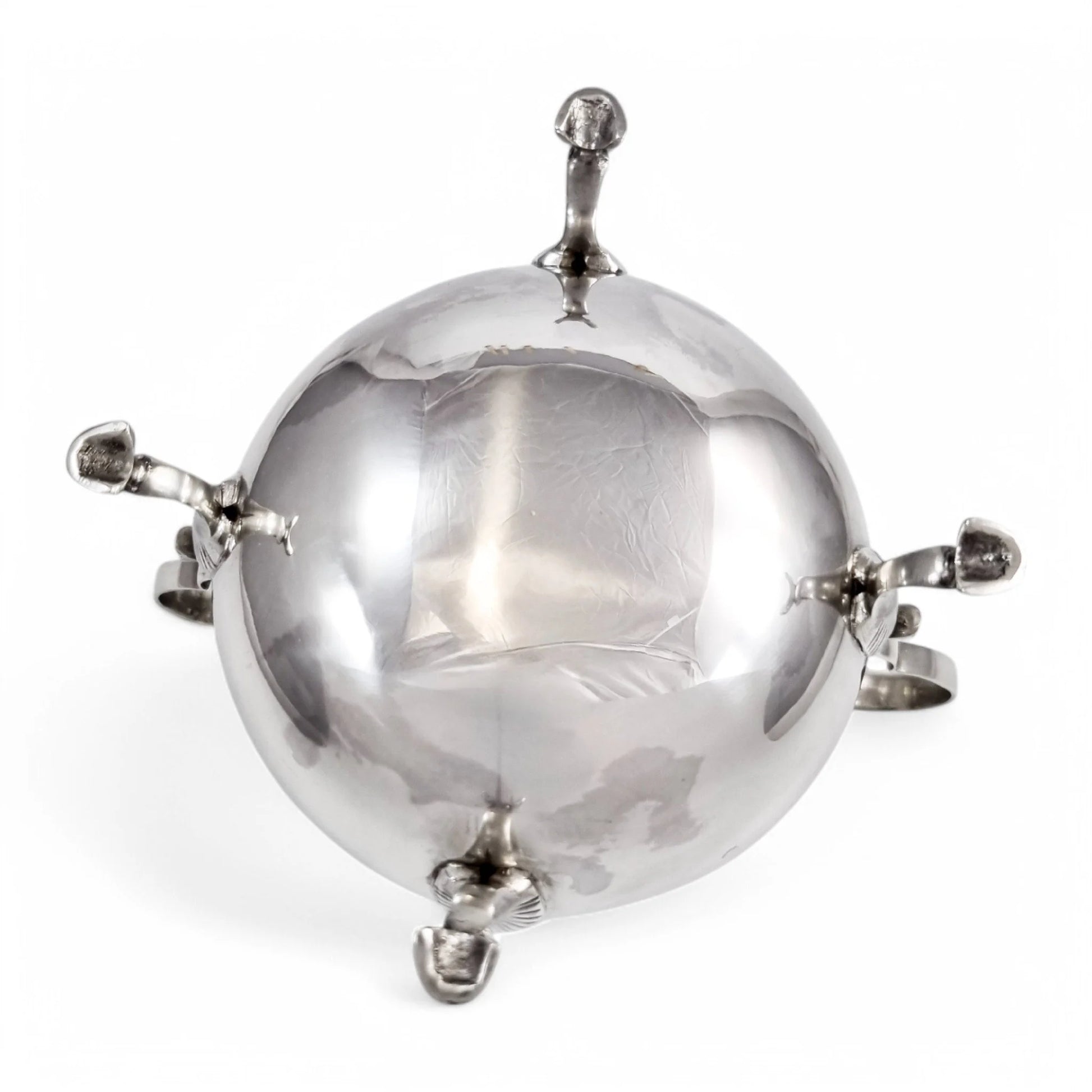 Large antique English sterling silver sugar bowl with hoof feet and scroll handles, Sheffield 1899