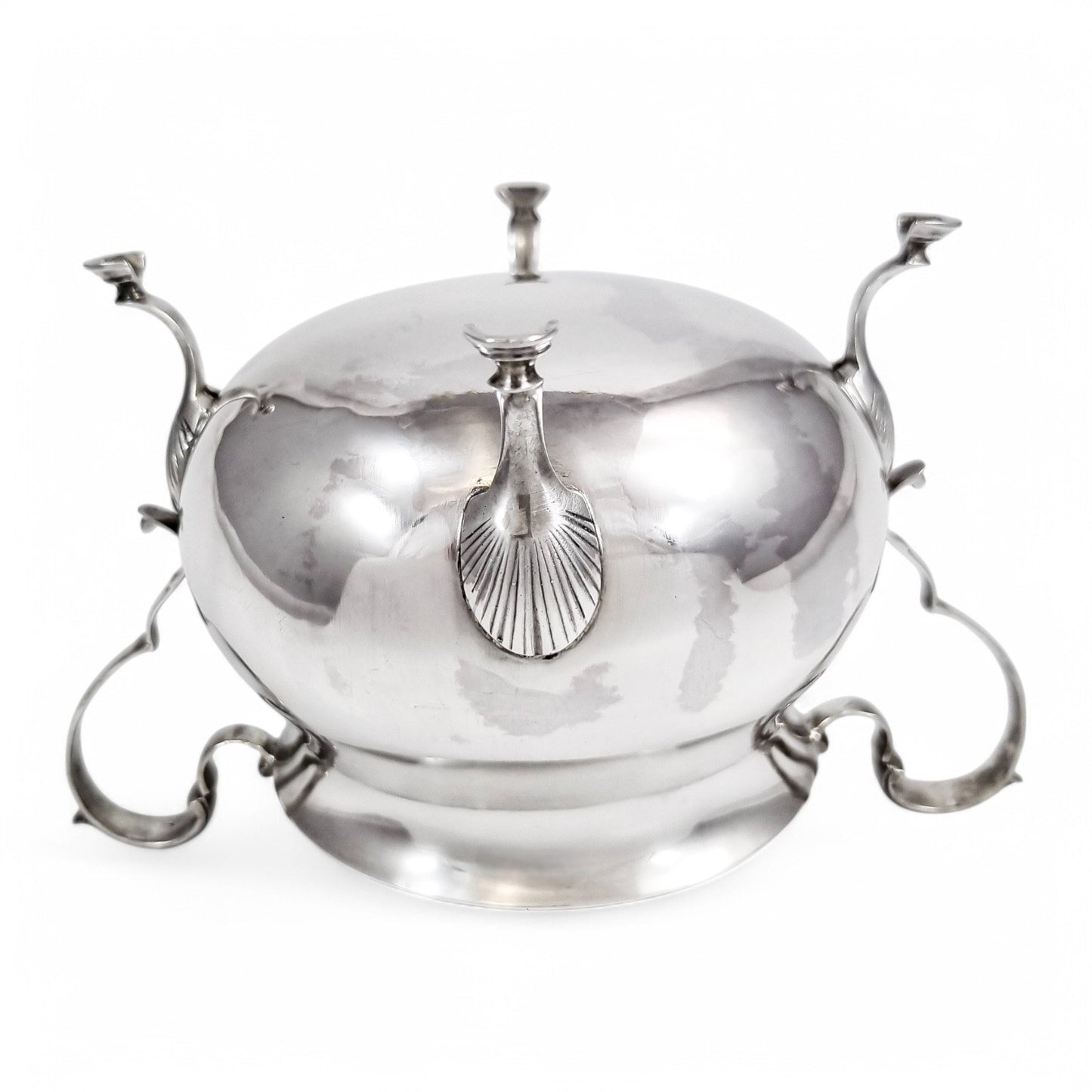 Large antique English sterling silver sugar bowl with hoof feet and scroll handles, Sheffield 1899
